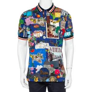Pre Owned Dolce & Gabbana Multicolor Italy Tour Printed Cotton Pique Polo T-Shirt XL