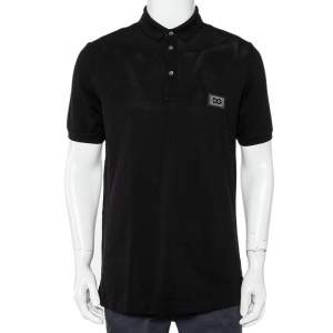 Pre Owned Dolce & Gabbana Black Cotton Pique Logo Patch Detail Polo T-Shirt L