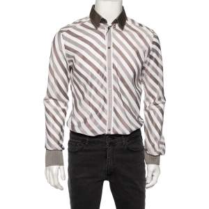 Dolce & Gabbana Brown Diagonal Striped Cotton Contrast Silk Collared Shirt L