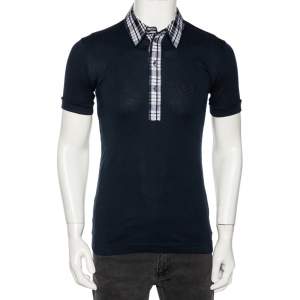 مملوكة مسبقًا Dolce & Gabbana Navy Blue Cotton Plaid Trim Detail Polo T-Shirt M (IT 48) 