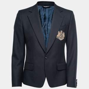 Dolce & Gabbana Navy Blue Wool Logo-Badge Blazer M