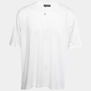 Pre Owned Dolce & Gabbana White Cotton Logo Pearl Detail Crew Neck T-Shirt XXL