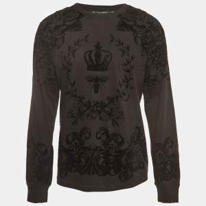 Dolce & Gabbana Dark Grey Bee Crown Flock Print Cotton Jumper M 