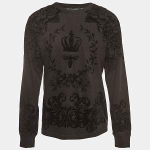 Pre Owned Dolce & Gabbana Dark Grey Bee Crown Flock Print Cotton Jumper M 