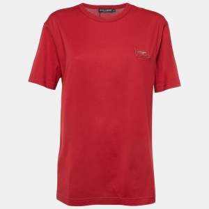 Pre Owned Dolce & Gabbana Red Cotton Logo Patch Round Neck T-Shirt M