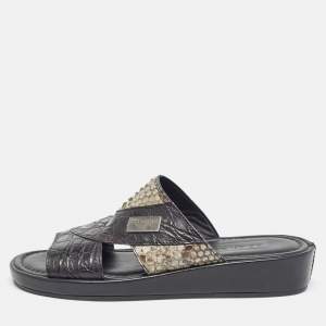 Dolce & Gabbana Black/Green Crocodile and Python Leather Criss Cross Flat Slides  Size 40