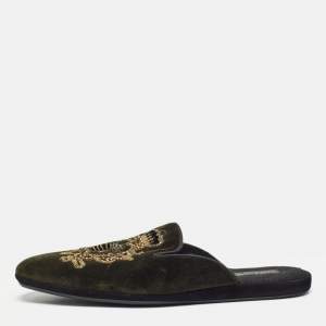 Dolce & Gabbana Green Velvet Embroidered Flat Mules Size 42