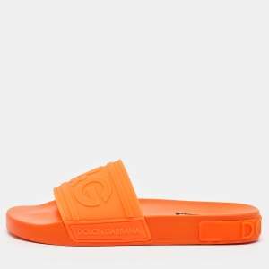 Dolce & Gabbana Neon Orange Rubber Logo Flat Slides Size 41