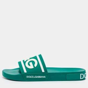 Dolce & Gabbana Dark Green Rubber Logo Flat Slides Size 44