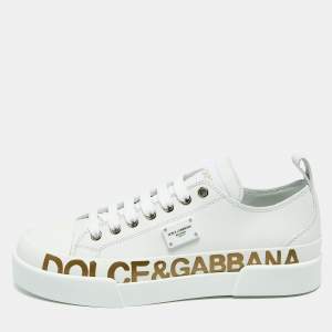 Dolce & Gabbana White/Gold Leather Portofino Low Top Sneakers Size 38
