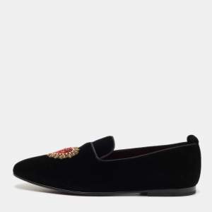 Pre Owned Dolce & Gabbana Black Velvet DG Secret Heart Loafers Size 42.5