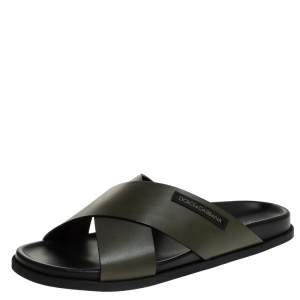 مملوكة مسبقًا Dolce & Gabbana Olive Green Leather Cross Strap Sandals Size 44
