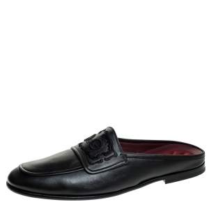 Pre Owned Dolce & Gabbana Black Leather Embroidered Logo Slip On Mules Size 40