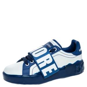 Dolce & Gabbana Blue/White Elastic Logo Leather Melt Portofino Sneakers Size 38.5