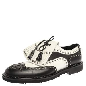 Dolce & Gabbana Black/White Studded Leather Brogue Detail Fringe Oxfords Size 42.5