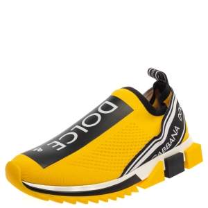 Pre Owned حذاء رياضي دولتشي أند غابانا سليب أون مطبوع شريط شعار الماركة قماش جيرسيه مرن أسود و أصفر مقاس 42