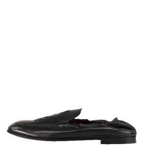 Pre Owned Dolce & Gabbana Black Calfskin Leather DG coat of arms embroidery Loafers Size 43.5