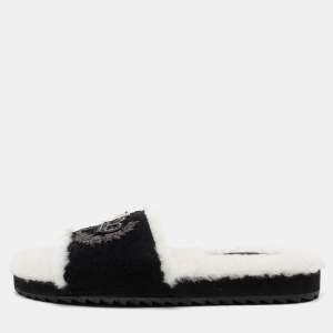 Pre Owned Dolce & Gabbana White/Black Fur and Suede Crown Crystal Embellished Flat Slides Size 41.5