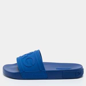 Pre Owned Dolce & Gabbana Blue Rubber DG Logo Slides Size 41