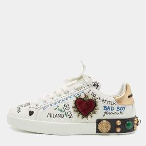  Dolce & Gabbana Dolce & Gabbana White Leather Pearl And Stud Embellished Lace Up Sneakers Size 43.5
