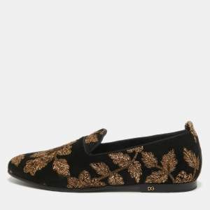 Dolce & Gabbana Black/Gold Velvet Floral Young Pope Smoking Slippers Size 43