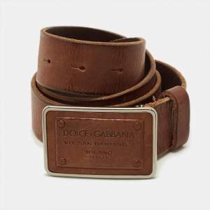 Pre Owned Dolce & Gabbana Logo Plaque 85 CM Buckle Belt Brown Leather