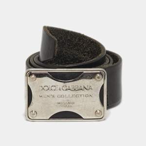 Pre Owned Dolce & Gabbana Logo Plaque 100 CM Buckle Belt Black Leather