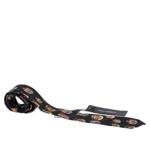 Dolce & Gabbana Black Crest Print Skinny Silk Tie 
