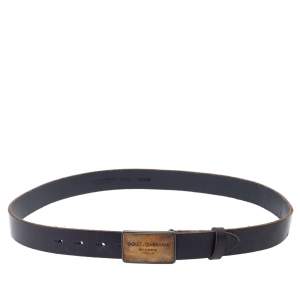 Pre Owned Dolce & Gabbana Dark Grey Leather Logo Plaque Belt 95CM