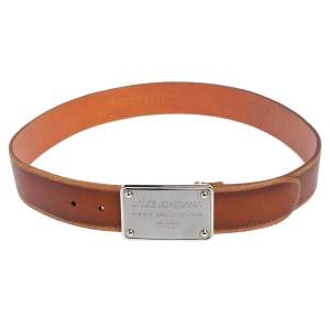 Pre Owned Dolce & Gabbana Brown Ombre Leather Logo Plaque Belt 95CM