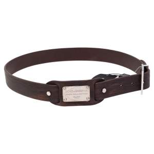 Pre Owned Dolce & Gabbana Dark Brown Leather Logo Plague Buckle Belt 95CM