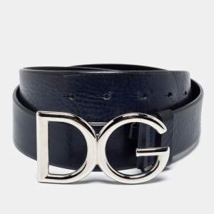 Pre Owned Dolce & Gabbana Navy Blue/Black Leather Logo Buckle Belt 95CM