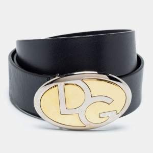 Pre Owned Dolce & Gabbana Black Leather Logo Buckle Belt 90 CM