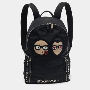 Dolce & Gabbana Black Leather and Nylon Studded Patch Backpack