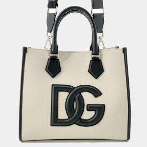 Dolce&Gabbana Natural/Black Canvas Leather Logo 2Way Tote Bag