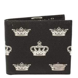Dolce & Gabbana Black/White Crown Print Leather Bifold Wallet