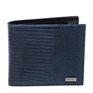 Pre Owned Dolce & Gabbana Navy Blue/Black Lizard Embossed Leather Bifold Wallet