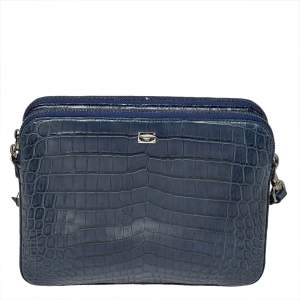 Dolce & Gabbana Blue Crocodile Double Zip Wristlet Clutch 