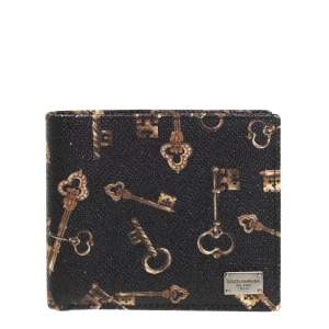 Pre Owned Dolce & Gabbana Black Key Print Leather Bifold Wallet
