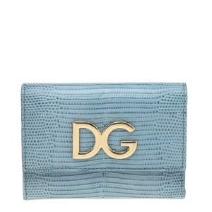 Pre Owned Dolce & Gabbana Blue Lizard Embossed Leather DG Trifold Wallet