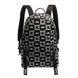 Dolce & Gabbana Black/White Printed Nylon and Leather Logo All Over Backpack