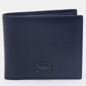 Dolce & Gabbana Navy Blue Leather Logo Plaque Bifold Wallet