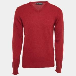 Pre Owned Dolce & Gabbana Burgundy Rib Knit V-Neck Sweater M