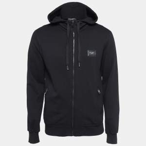 Dolce & Gabbana Black Cotton Logo Plaque Detail Zip Up Hoodie S