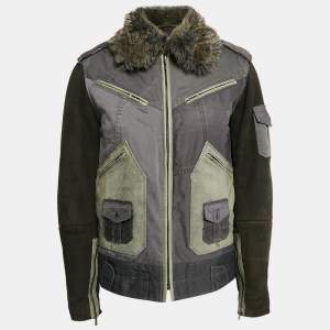 Pre Owned Dolce & Gabbana Green Cotton Blend and Fur Zip Detail Flight Jacket L