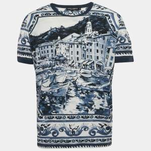 Pre Owned Dolce & Gabbana Blue Ceramic Print Jersey Crew Neck T-Shirt XXXL