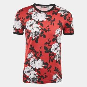 Dolce & Gabbana Red Floral Print Cotton Crewneck T-shirt XS