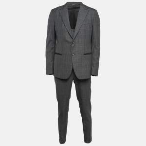Dolce & Gabbana Grey Plaid Wool Tailored 3 pc Suit Set L