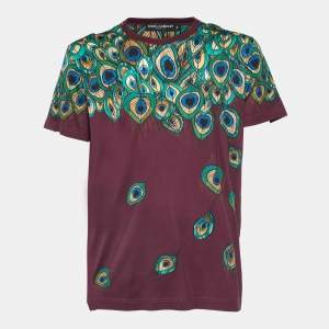 Pre Owned Dolce & Gabbana Burgundy Peacock Feather Print Cotton T-Shirt XXL