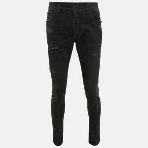 Pre Owned Dolce & Gabbana Black Paint Splashed Denim Ripped Slim Jeans L Waist 33"